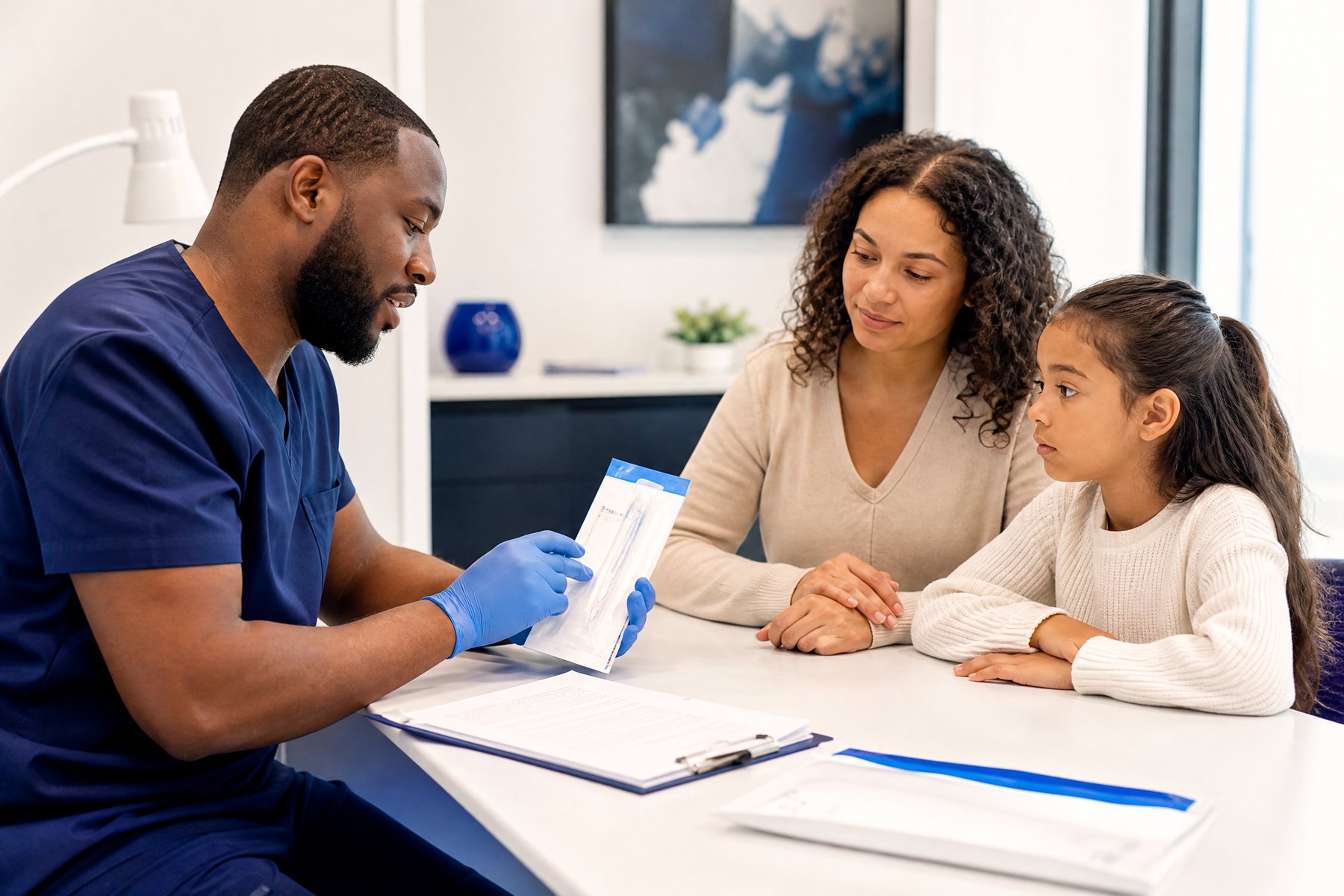 DNA testing specialist explaining a sealed cheek swab collection kit to a family